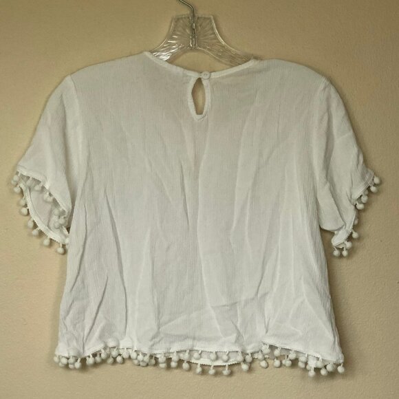 KELIKI HAWAII White Crinkle Crop Top Pom Pom Trim - Picture 2 of 9